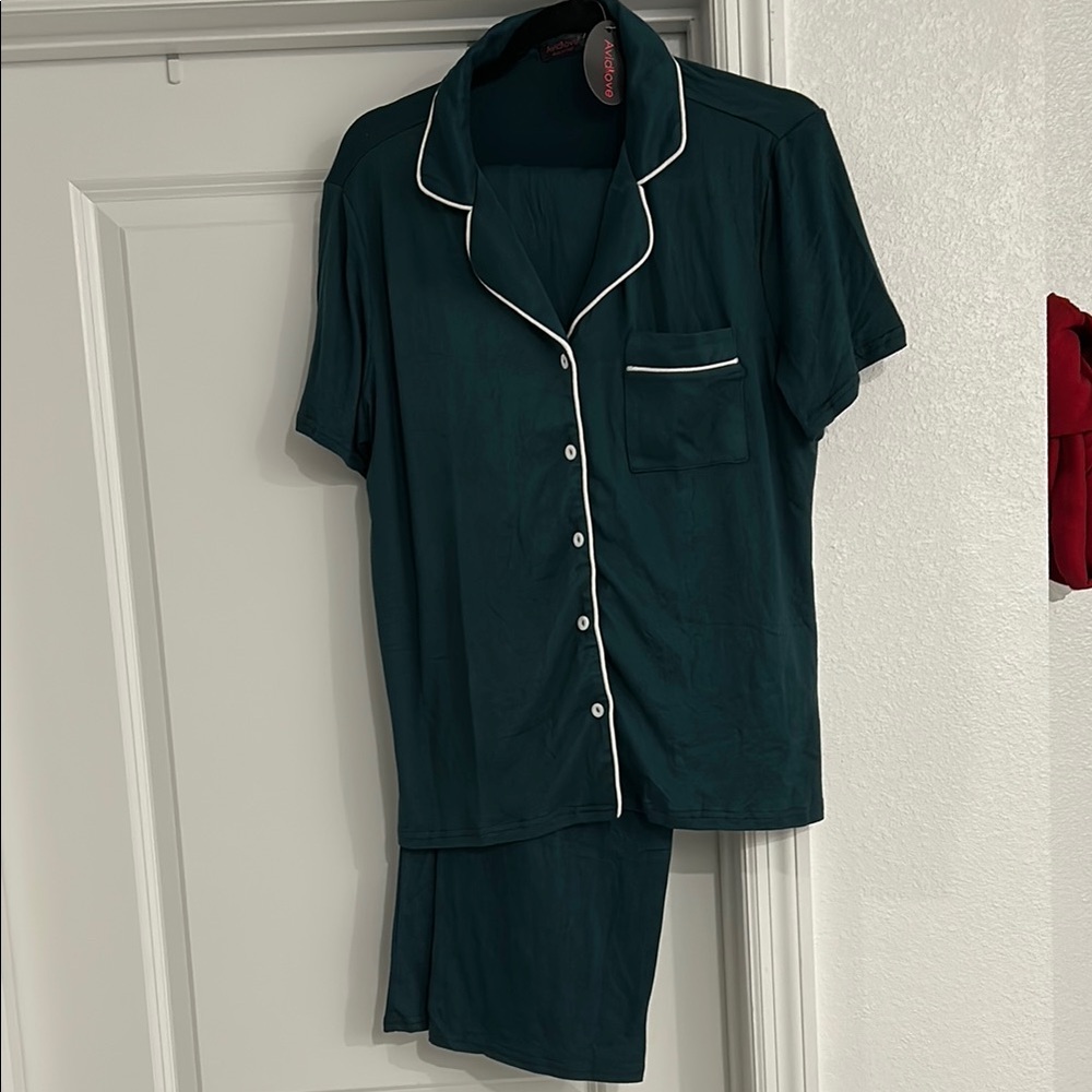 Women's Green Pajama Set with White Trim